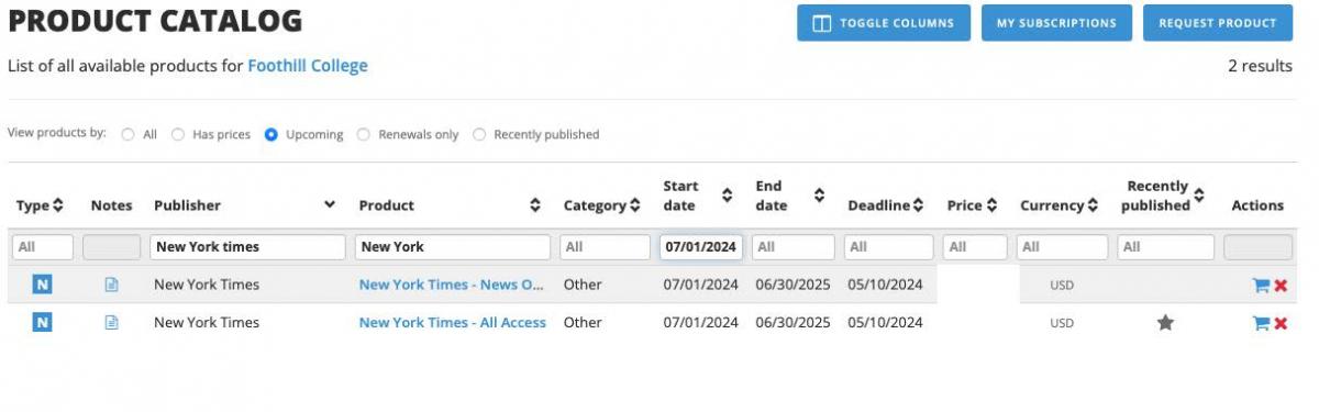 Consortia Manager search for "New York Times" in the catalog