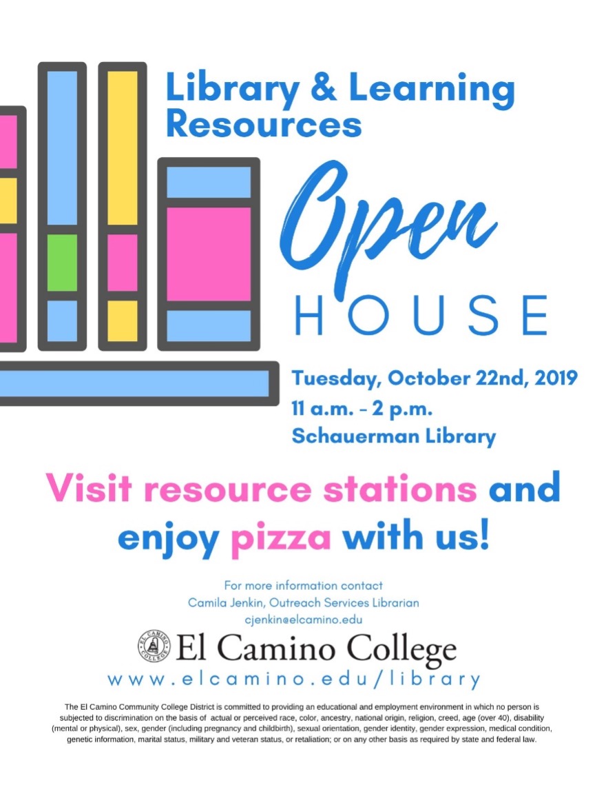 The Library’s first Open House flyer, “visit resource stations and enjoy pizza with us!”